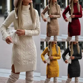 Женщины Водолазка Вязаный свитер Платье Зимний пуловер Мода Тепло Повседневная С длинным рукавом Джемпер Свитера Облегающие короткие платья