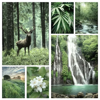 Зеленый лес Плакат Водопад Ручей Цветы Листья Весна Спальня Принты Природный пейзаж Картина Картина Настраиваемый