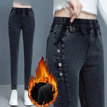 Зимние утолщенные джинсы-карандаши Женские узкие плюшевые джинсовые брюки с бархатной подкладкой High Wasit Большой размер Теплый Vaqueros Stretch Pantolon N281
