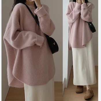 Имитация флисового свитера енота 2023 осень зима свободные утолщенные пуловеры корейская мода вязаный свитер средней длины верхняя одежда