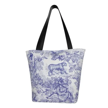 Классическая французская сумка для покупок Toile De Jouy Motif Женская холщовая сумка на плечо Животные цветочные темно-синие Искусство Сумки для покупок