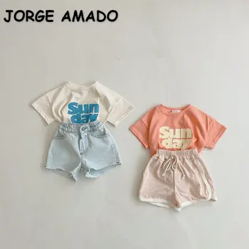 корейский стиль новый летний набор для девочек бежевый оранжевый с о-образным вырезом воскресенье письмо круглый воротник футболка детская одежда E1680