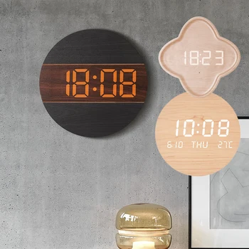 Круглые светодиодные настенные часы Креативные часы Украшение домашней гостиной Бесшумные часы Часы без звука в спальне Цифровые деревянные настенные часы