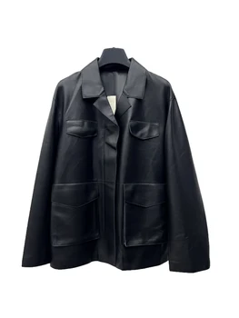 Куртка кожаная куртка с двойным карманом дизайн повседневная мода 2024 осень новый 1128