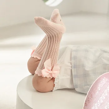 Летние детские носки с бантом, детские носки для девочек, принцессы, малыши, носки до колена, мягкие хлопковые эластичные носки, детские полые носки, Sox 0-3Y