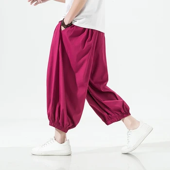 Летние дышащие леггинсы для мужчин Шаровары Китанизм Ретро Ханьфу Широкие штанины Мужские свободные льняные шелковые брюки больших размеров M-5XL
