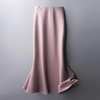 Летние шелковые юбки миди женские Корейский Английский стиль Атласный офис Леди Простой Твердый Элегантный Faldas Mujer Moda Long