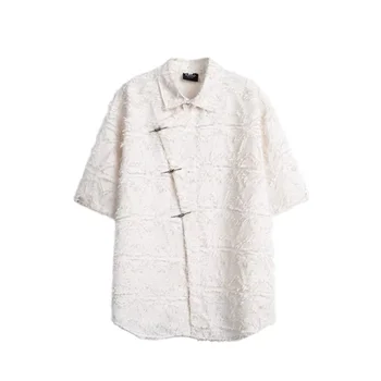  Летний модный бренд Высококачественная рубашка с коротким рукавом с кисточками с необработанным краем Мужская свободная рубашка с коротким рукавом Корейская мужская одежда Harajuku