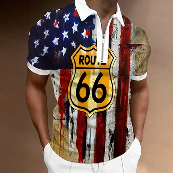 Летняя мужская рубашка-поло Напечатанная на 3D-принтере American Mother Highway US Route 66 Мужской байкерский топ с коротким рукавом Оверсайз Воротник на молнии Повседневная