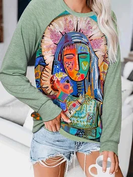 Мария и сын Иисус Винтажная футболка 2023 Осенний пригородный элегантный винтажный модный принт Новые женщины Ленивый стиль Свободная уличная одежда