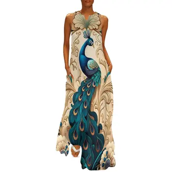 Мода Женское длинное платье Лето Арабески ПавлинВечернее платье с принтомПовседневнаяЖенская одежда