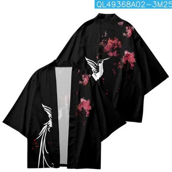 Мода Цветочный Печать Птицы Черный Свободный Японский Кардиган Мужчины Пляжное Кимоно Косплей Топы Женщины Юката Одежда