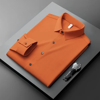  Модная мужская рубашка с длинными рукавами высокого класса 2023 Осень Новая повседневная деловая однотонная рубашка без глажки, устойчивая к морщинам