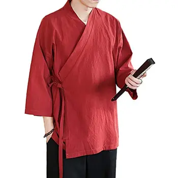 Мужской китайский льняной кардиган 2023 Осенняя куртка Свободная куртка-кимоно Однотонная традиционная одежда дизайнера костюмов Hanfu Harajuku