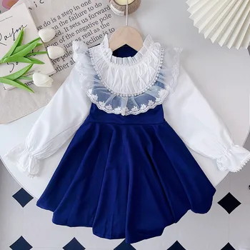 новая детская одежда для девочек принцесса платье осень весна мода 3-10 лет кружево синий детский с длинным рукавом одежда 110-160 студент