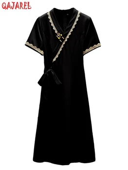Новое винтажное атласное платье с V-образным воротником с V-образным воротником Женское кружевное пэчворк Элегантное вечернее платье Vestidos 2023 Лето Черное роскошное платье для вечеринок
