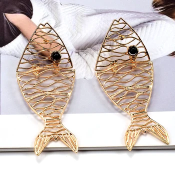 Новое поступление Уникальные серьги с рыбой Металлические серьги золотого цвета Ювелирные изделия для девочек оптом