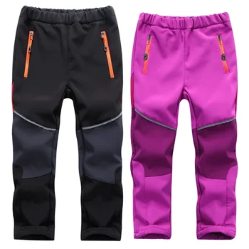 новый бренд Водонепроницаемые брюки для мальчиков и девочек Теплые брюки Спортивные брюки для скалолазания Детские наряды в стиле пэчворк с мягкой оболочкой для 105-165 см