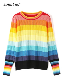 Новый многоцветный радужный свитер осень-зима женский свитер с о-образным вырезом вязаный джемпер топ свободный повседневный теплый женский свитер C-144