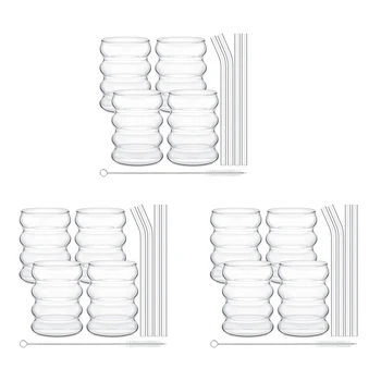  Новый набор из 12 стаканов Симпатичный волнистый ретро стакан для воды с соломой Ребристая стеклянная посуда Кухонный набор кофейных соков