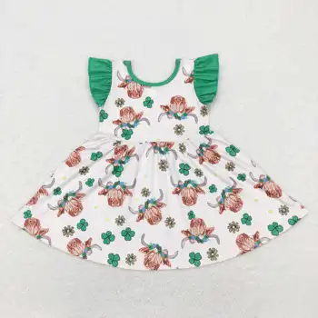 Оптовая горячая распродажа детская одежда для девочек одежда альпийская коровья голова цветок четырехлистный клевер зеленый летающий рукав платье