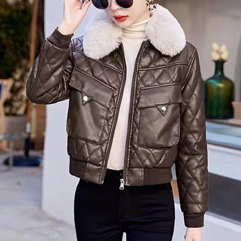 Осень-зима Однотонная модная куртка из искусственной кожи с длинным рукавом Женские карманы на молнии Утолщение Всематчевой кардиган