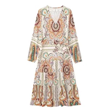 Пляжная одежда Oversize Vestidos Винтажное длинное летнее платье с цветочным принтом для женщин Повседневные свободные платья с длинным рукавом Deep V 2022