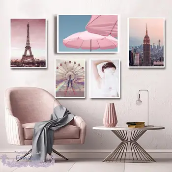 Скандинавское розовое колесо обозрения Парижская башня Пейзаж Плакат Эмпайр Стейт Билдинг Фреска Холст Живопись для гостиной Настенный художественный декор