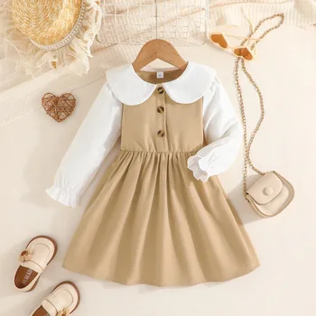 Сладкое платье для девочки 2023 Осеннее кукольное воротник хлопковое детское платье с длинным рукавом 5