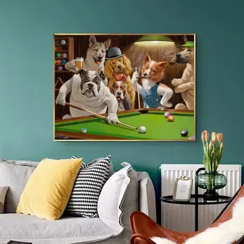 Собаки, играющие в бильярд, настенное искусство на холсте, печать картин, забавный плакат на холсте с животными для украшения гостиной