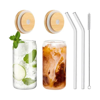 Стаканы для питья с бамбуковыми крышками и набор из 2 шт., стеклянные чашки в форме банки на 16 унций с крышками и соломинками, пивные бокалы