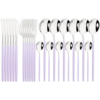  фиолетовый серебряный набор столовых приборов из нержавеющей стали ножи вилки ложки набор кухонной посуды 24 шт. столовые приборы столовые ложки набор