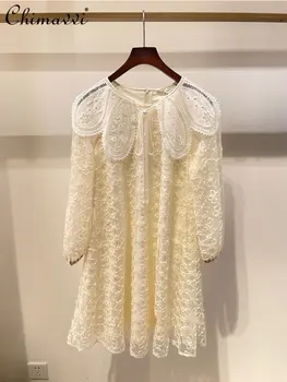 Французское шикарное вышитое кружевное платье для женщин 2023 летнее платье Новая мода Сладкие свободные выдолбленные элегантные платья с воротником куклы