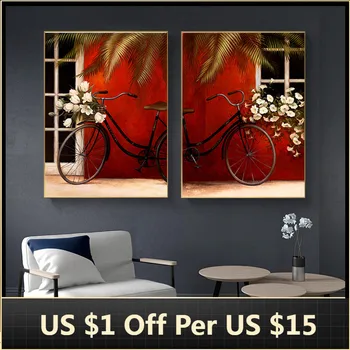 Холст Живопись Плакаты на стене Красный велосипед и цветы Настенная художественная картина для украшения гостиной Домашний деко