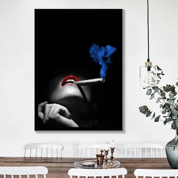 Черно-белые художественные портретные плакаты и принты Сексуальные курящие женщины Красная помада Холст Живопись для гостиной Cuadros Home Decor