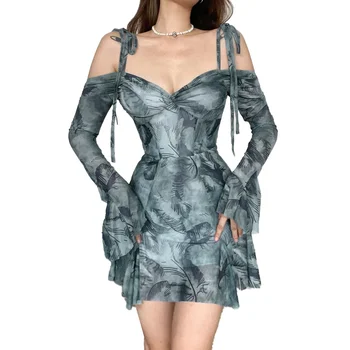 Элегантное мини-платье с принтом весна-лето с длинным рукавом сетка тонкие оборки на шнуровке сексуальные тонкие платья для женщин пляжная одежда для отдыха