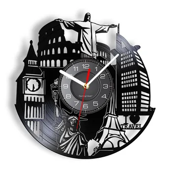 Я люблю настенные часы для путешествий, сделанные из виниловой пластинки с лазерной резкой Всемирно известные настенные часы с подсветкой Подарочные поделки путешественников